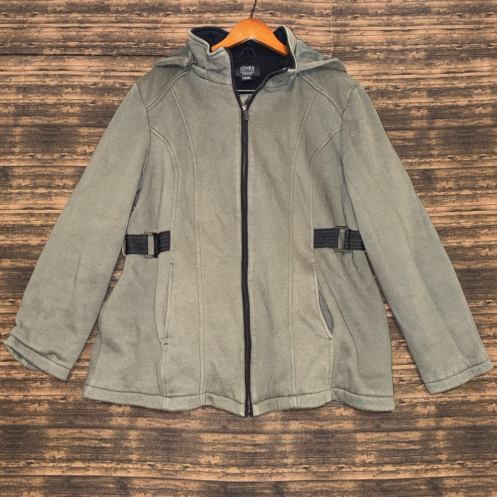 Jones New York Women's Full Zip Jacket Sage Green Gray Hooded Buckle XL